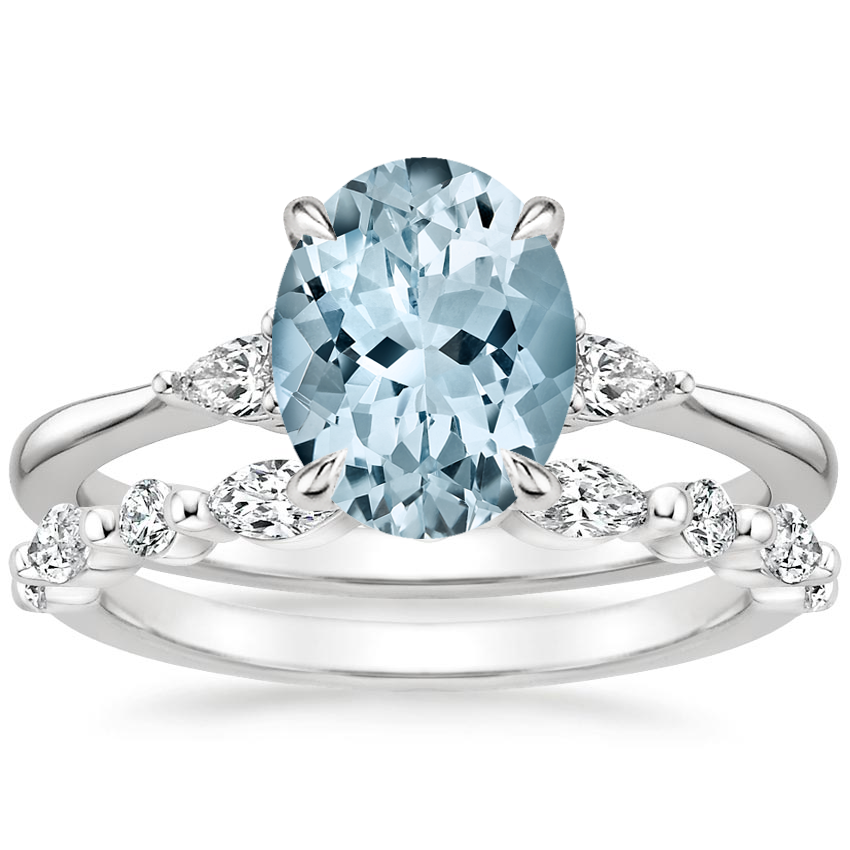 18KW Aquamarine Aria Diamond Ring (1/10 ct. tw.) with Versailles Diamond Ring (3/8 ct. tw.), top view
