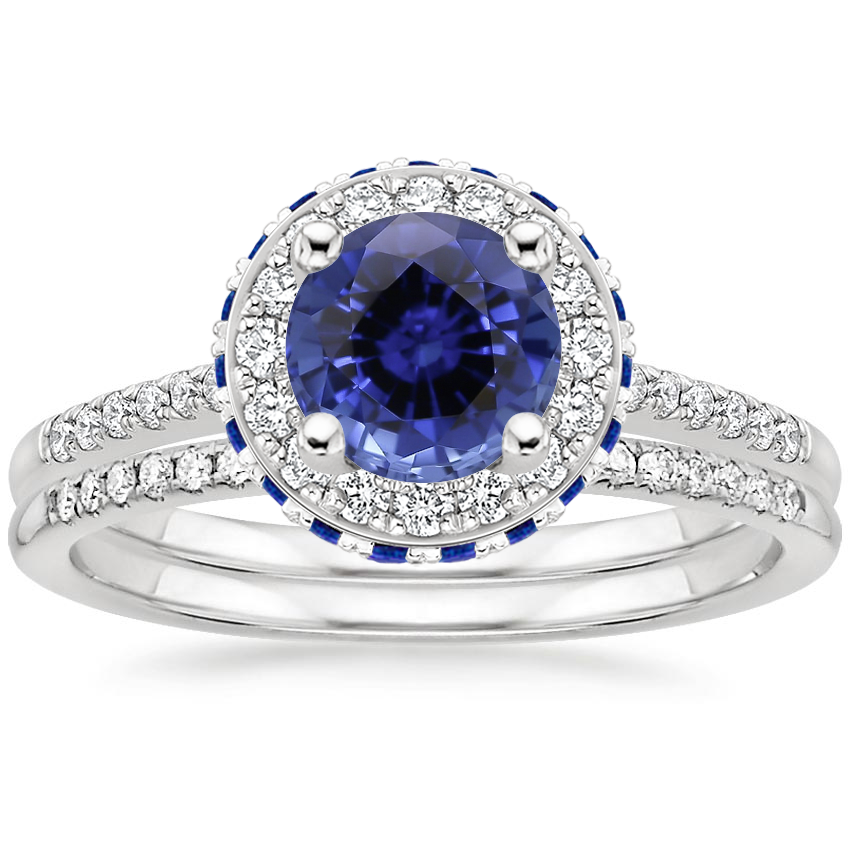 18KW Sapphire Audra Diamond Ring with Sapphire Accents (1/4 ct. tw.) with Whisper Diamond Ring (1/10 ct. tw.), top view