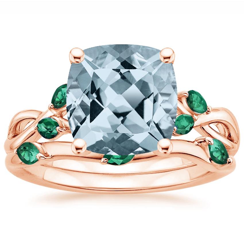 14KR Aquamarine Willow Bridal Set With Lab Emerald Accents, top view