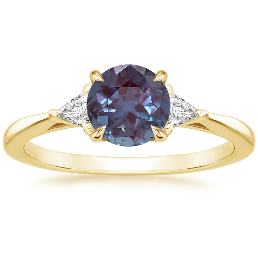 18K Yellow Gold Trillion Cut Three Stone Diamond Ring, large top view