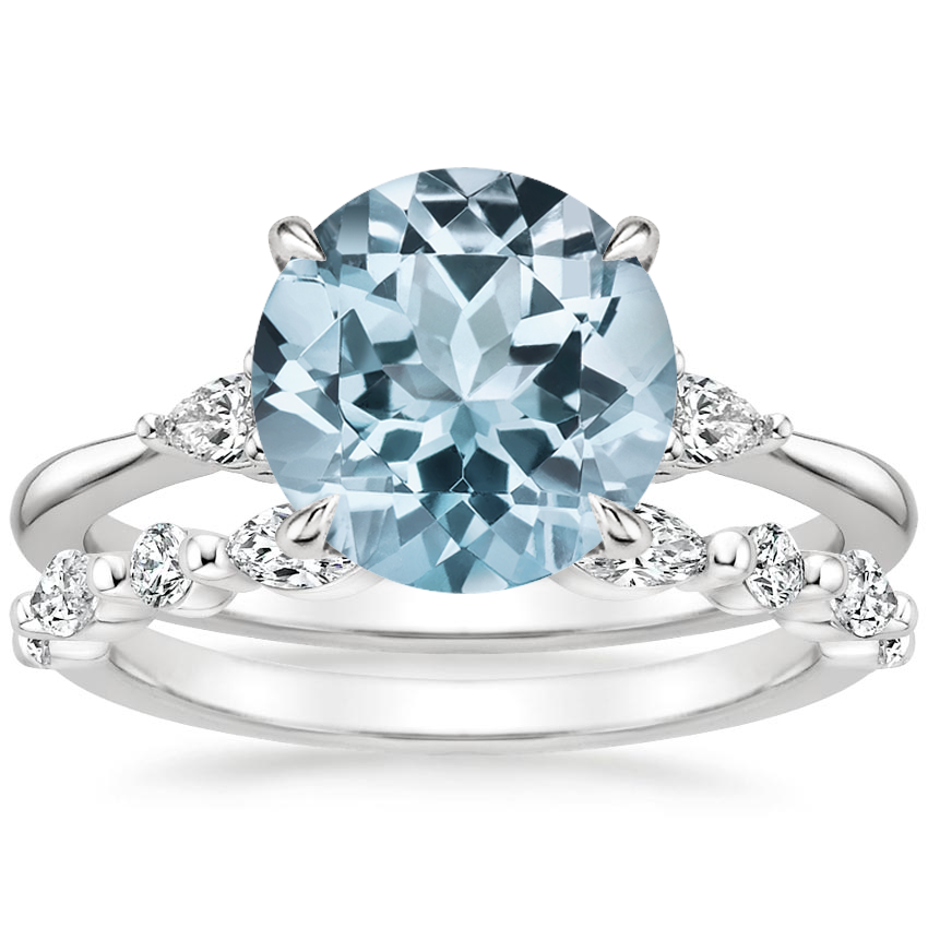 18KW Aquamarine Aria Diamond Ring (1/10 ct. tw.) with Versailles Diamond Ring (3/8 ct. tw.), top view