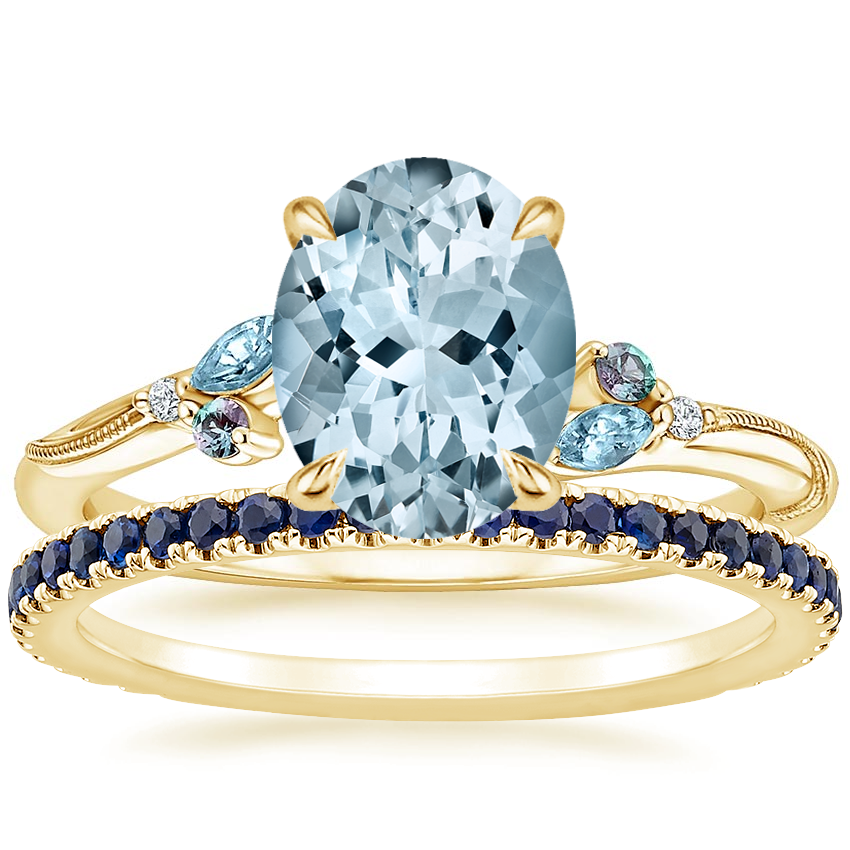 18K Yellow Gold Camellia Indigo Milgrain Ring with Luxe Ballad Sapphire Ring