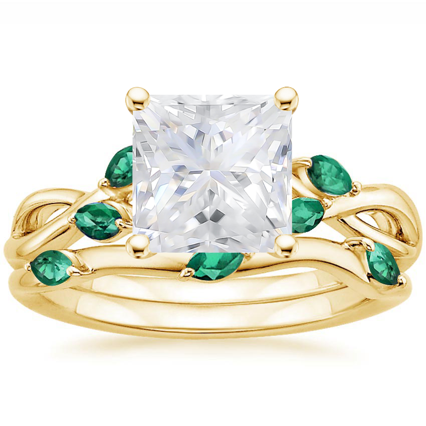 18KY Moissanite Willow Bridal Set With Lab Emerald Accents, top view