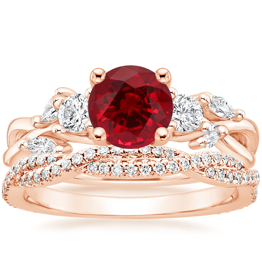 14K Rose Gold Three Stone Willow Diamond Ring (1/3 ct. tw.) with Petite Luxe Twisted Vine Diamond Ring (1/4 ct. tw.)
