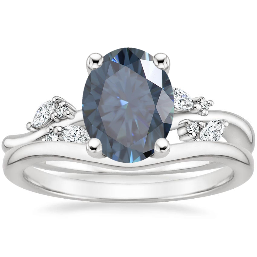 14K White Gold Arden Diamond Ring with Petite Curved Wedding Ring