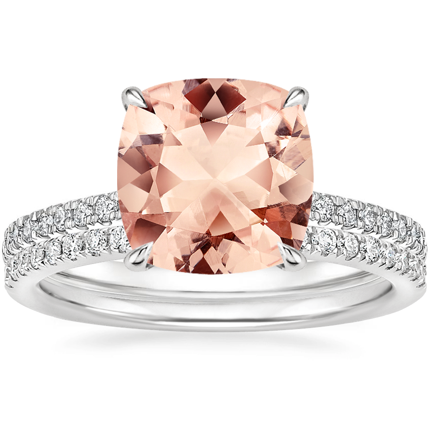 18KW Morganite Petite Demi Diamond Ring with Ballad Diamond Ring, top view