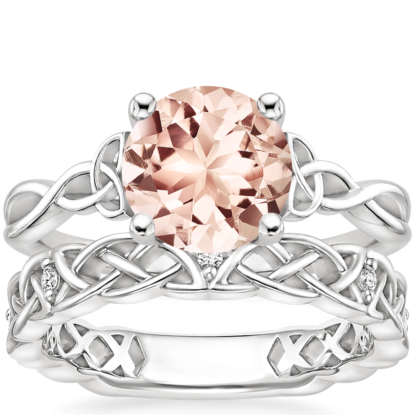 18KW Morganite Entwined Celtic Love Knot Ring with Celtic Knot Diamond Ring, top view