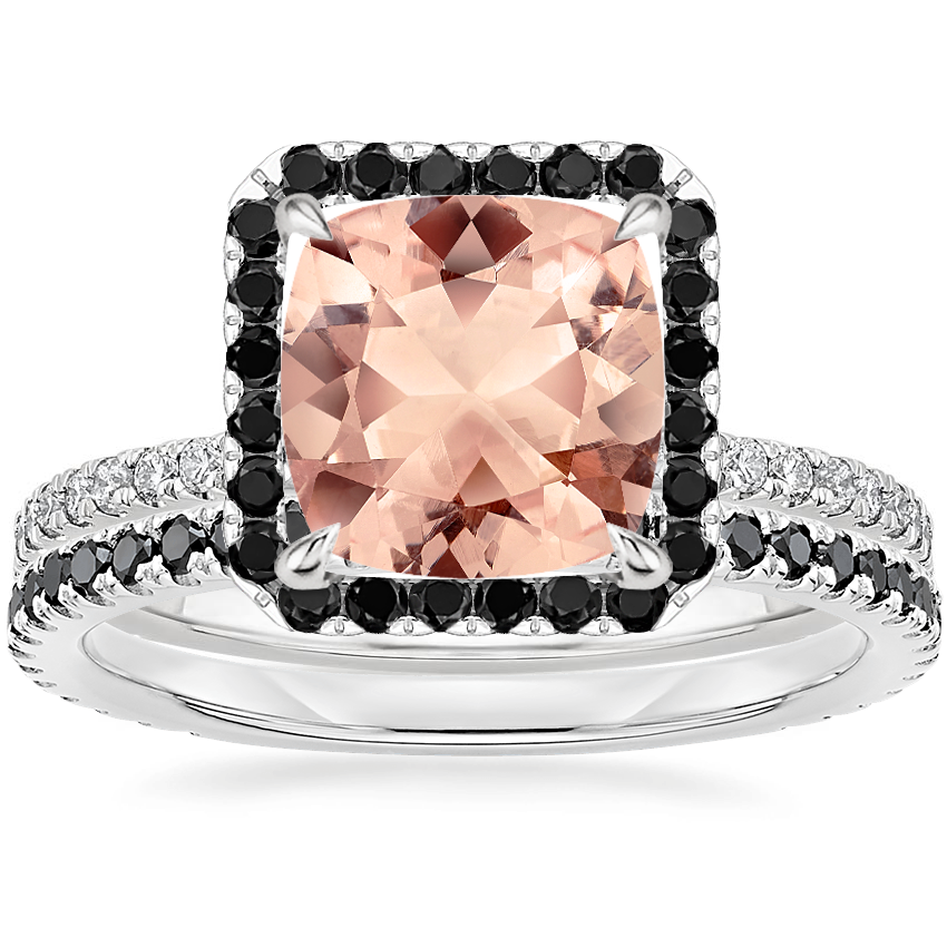 18KW Morganite Waverly Diamond Ring with Black Diamond Accents with Luxe Ballad Black Diamond Ring, top view