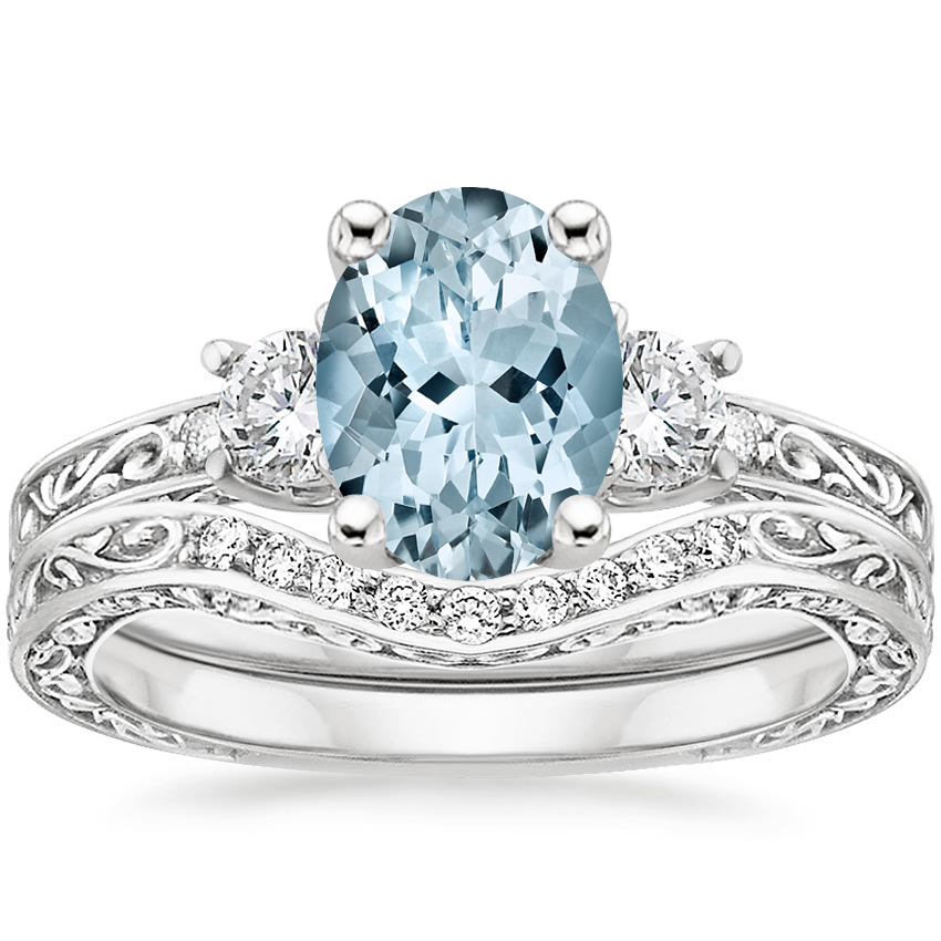 18KW Aquamarine Antique Scroll Three Stone Trellis Diamond Bridal Set, top view