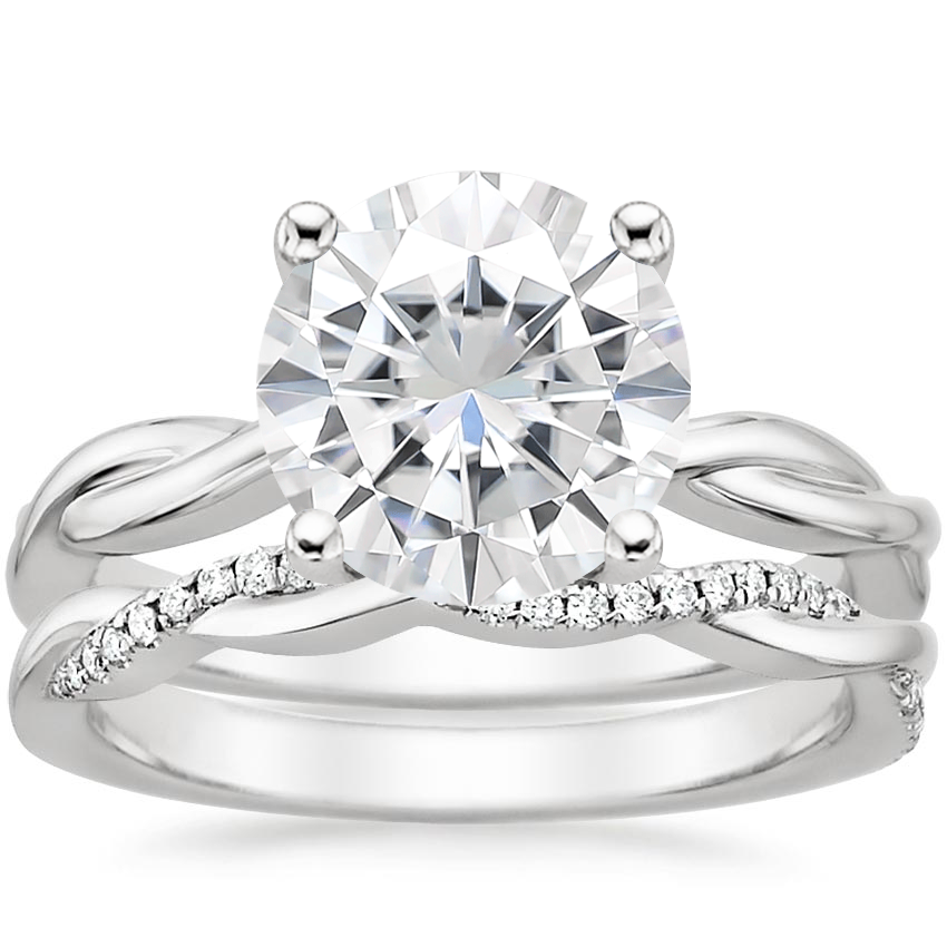 18KW Moissanite Twisted Vine Ring with Petite Twisted Vine Diamond Ring (1/8 ct. tw.), top view