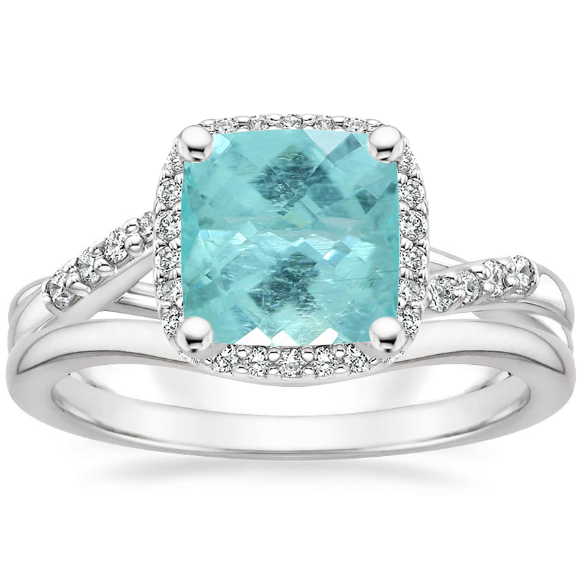 Platinum Chamise Halo Diamond Ring (1/5 ct. tw.) with Petite Curved Wedding Ring