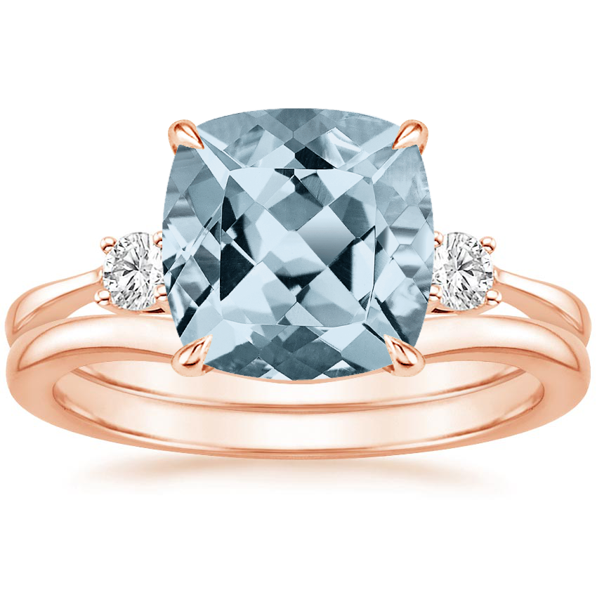 14KR Aquamarine Selene Diamond Ring (1/10 ct. tw.) with Petite Curved Wedding Ring, top view