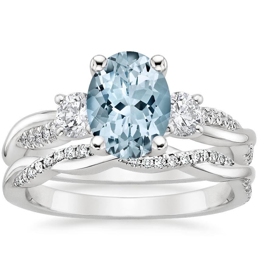 18KW Aquamarine Three Stone Petite Twisted Vine Diamond Bridal Set (1/2 ct. tw.), top view