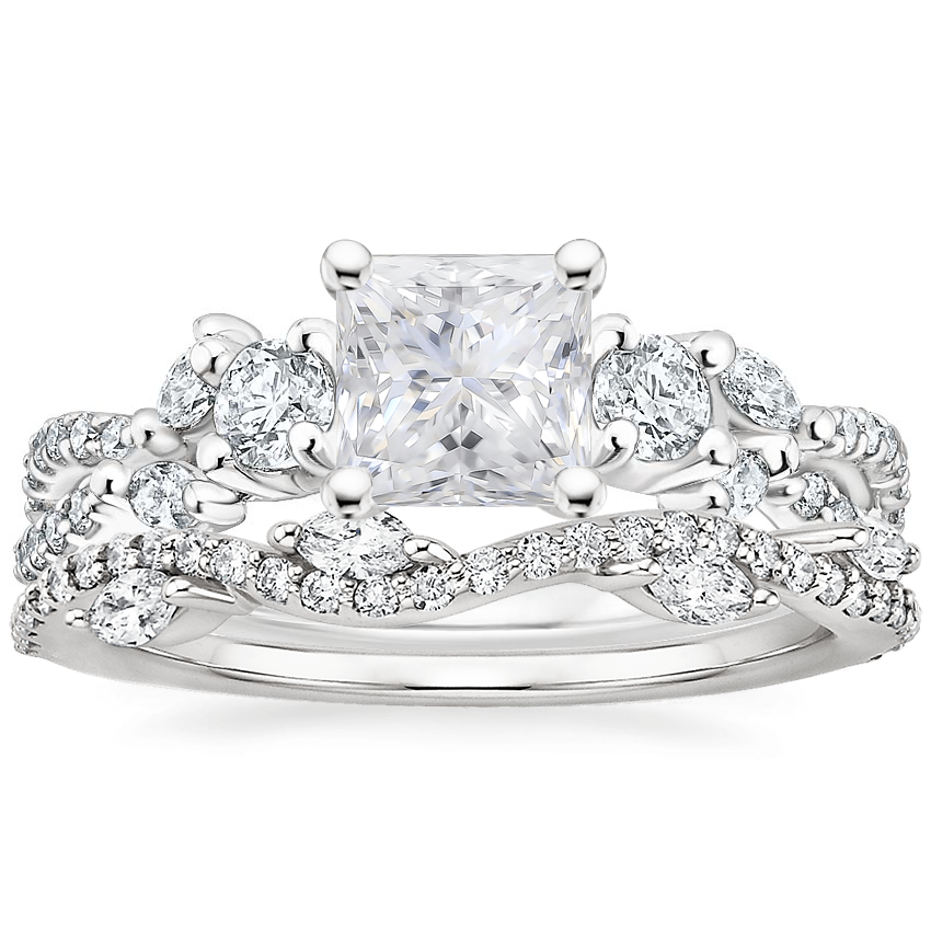 18K White Gold Three Stone Luxe Willow Diamond Ring with Luxe Winding Willow Diamond Ring