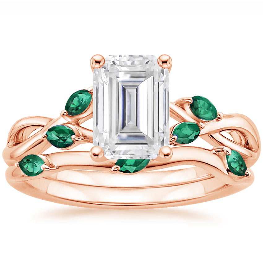 14KR Moissanite Willow Bridal Set With Lab Emerald Accents, top view