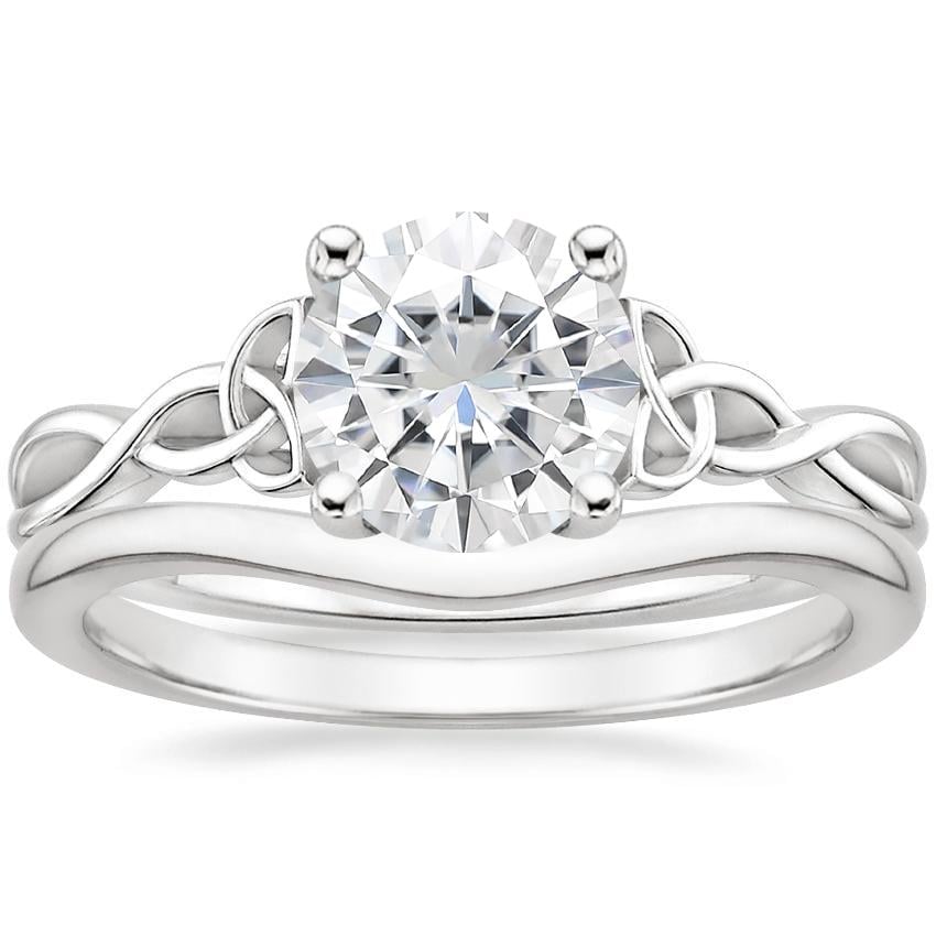 18K White Gold Entwined Celtic Love Knot Ring with Petite Curved Wedding Ring