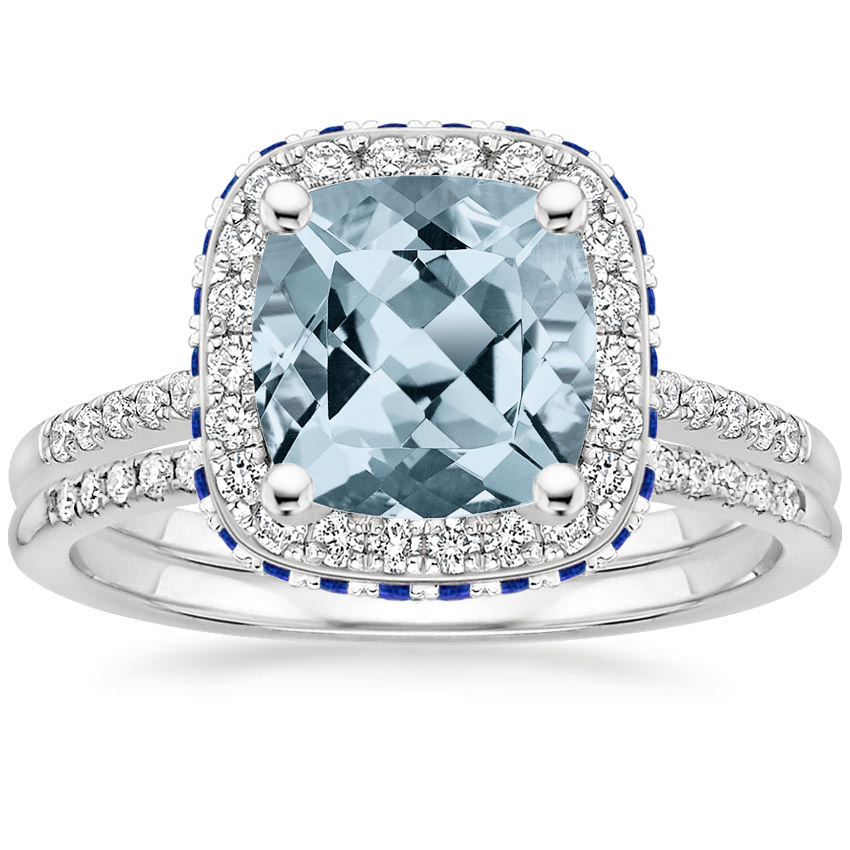 18KW Aquamarine Audra Diamond Ring with Sapphire Accents (1/4 ct. tw.) with Whisper Diamond Ring (1/10 ct. tw.), top view