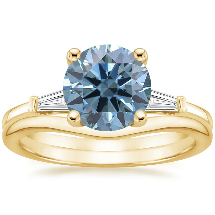 18K Yellow Gold Tapered Baguette Diamond Ring with Petite Curved Wedding Ring