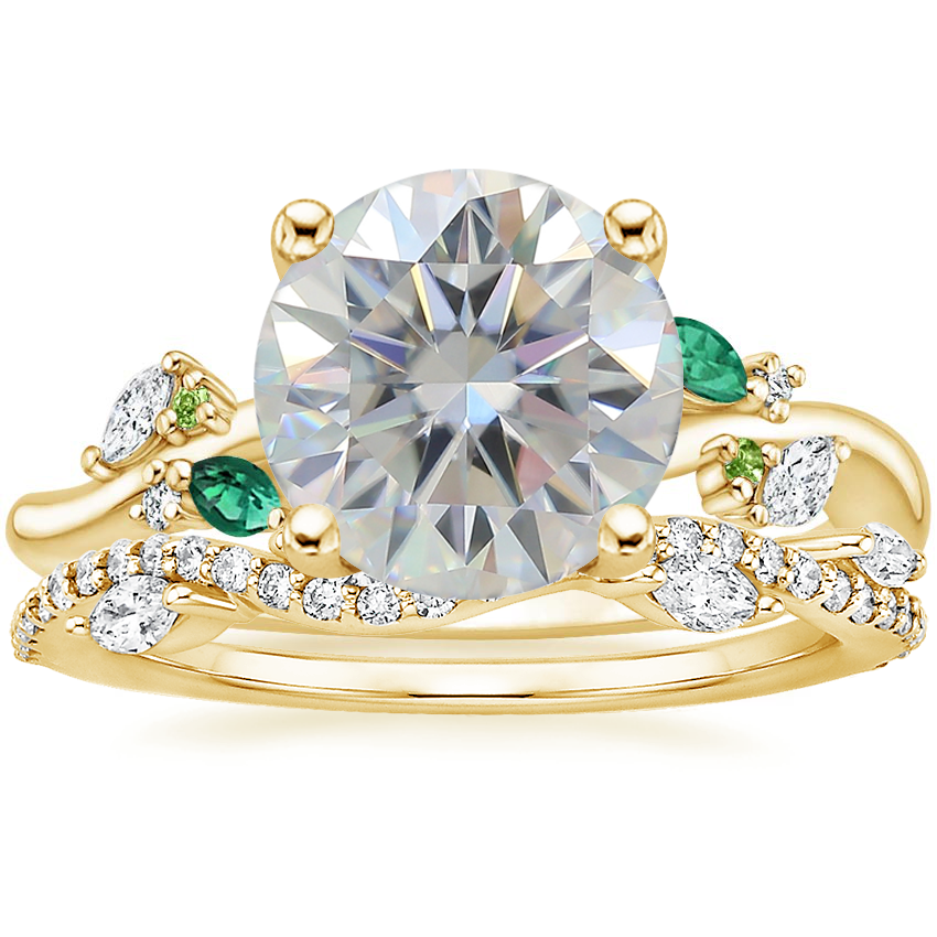18K Yellow Gold Arden Diamond Ring with Lab Emerald Accents with Luxe Winding Willow Diamond Ring (1/4 ct. tw.)