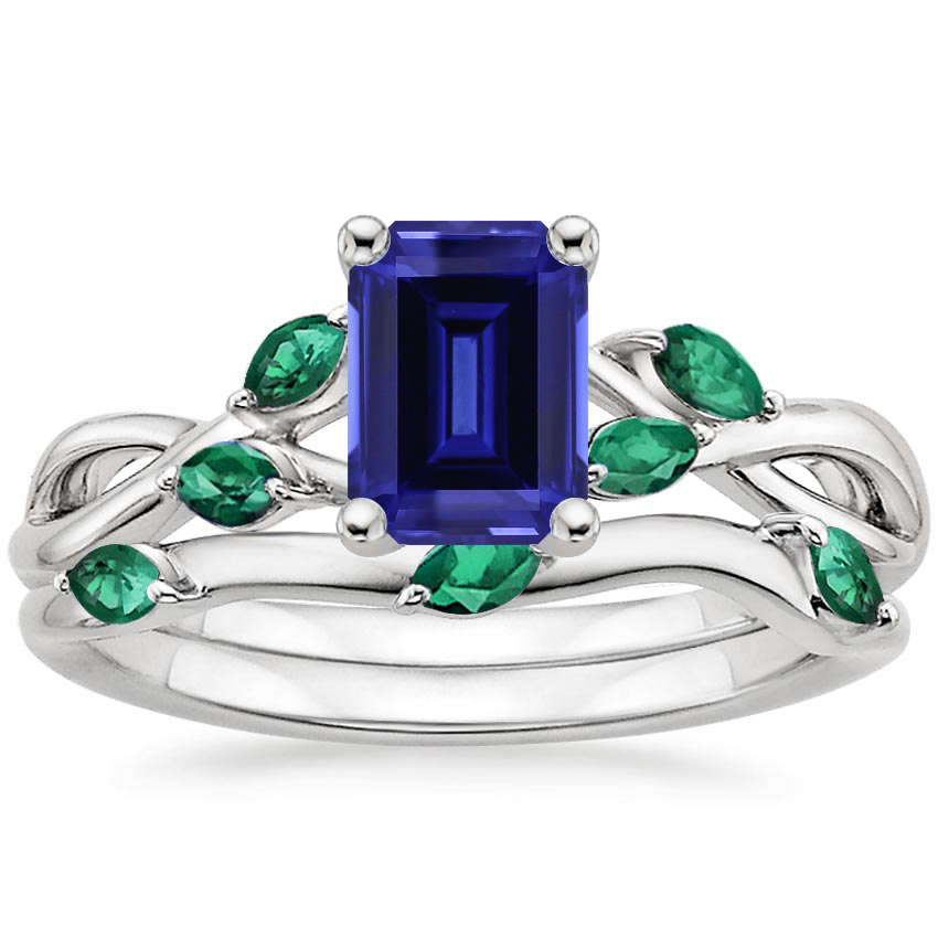 PT Sapphire Willow Bridal Set With Lab Emerald Accents, top view
