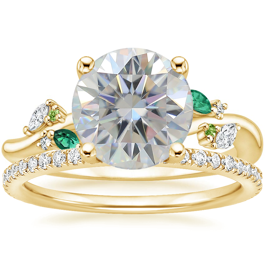 18K Yellow Gold Arden Diamond Ring with Lab Emerald Accents with Luxe Ballad Diamond Ring (1/4 ct. tw.)