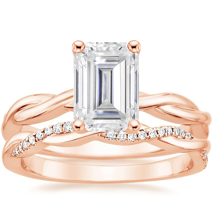 14KR Moissanite Twisted Vine Ring with Petite Twisted Vine Diamond Ring (1/8 ct. tw.), top view