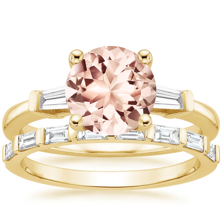 18KY Morganite Tapered Baguette Diamond Ring (1/5 ct. tw.) with Barre Diamond Ring (1/4 ct. tw.), top view