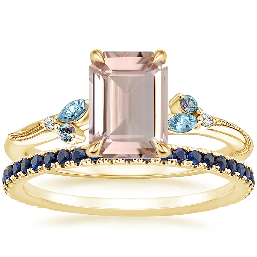 18K Yellow Gold Camellia Indigo Milgrain Ring with Luxe Ballad Sapphire Ring