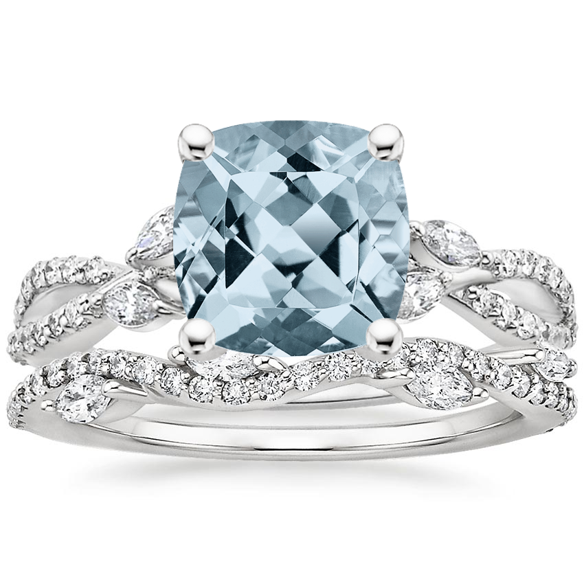 18KW Aquamarine Luxe Willow Diamond Ring (1/4 ct. tw.) with Luxe Winding Willow Diamond Ring (1/4 ct. tw.), top view