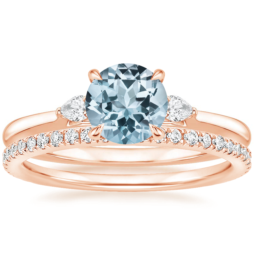 14KR Aquamarine Perfect Fit Three Stone Pear Diamond Ring with Luxe Ballad Diamond Ring, top view