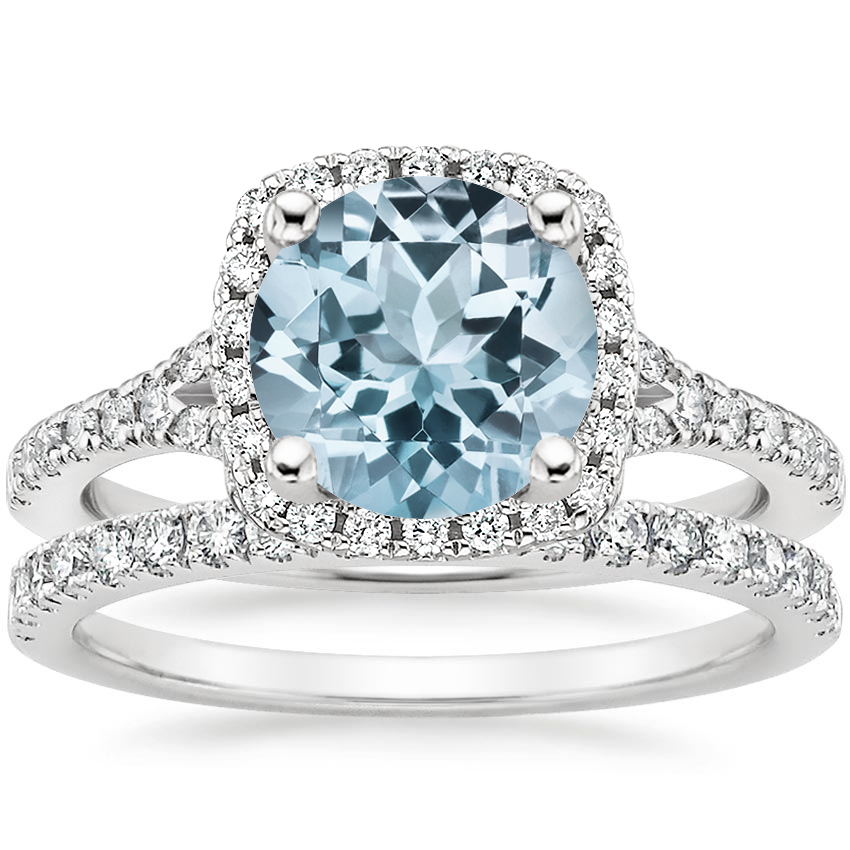 18KW Aquamarine Joy Diamond Ring (1/3 ct. tw.) with Bliss Diamond Ring (1/5 ct. tw.), top view