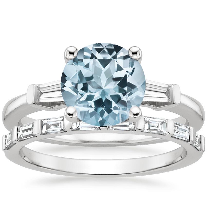 18KW Aquamarine Tapered Baguette Diamond Ring (1/5 ct. tw.) with Barre Diamond Ring (1/4 ct. tw.), top view