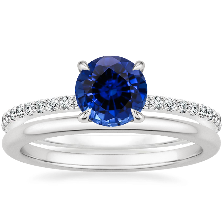 18K White Gold Demi Diamond Ring with Sapphire Accents (1/4 ct. tw.) with Petite Comfort Fit Wedding Ring