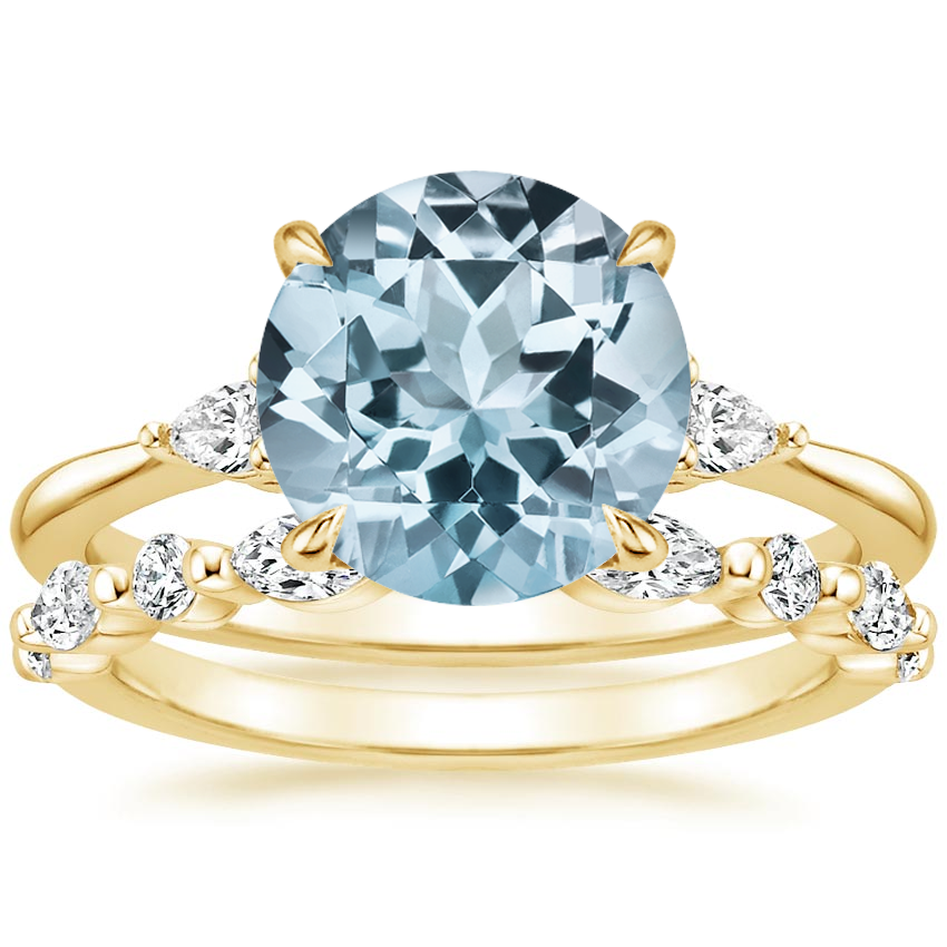 18KY Aquamarine Aria Diamond Ring (1/10 ct. tw.) with Versailles Diamond Ring (3/8 ct. tw.), top view