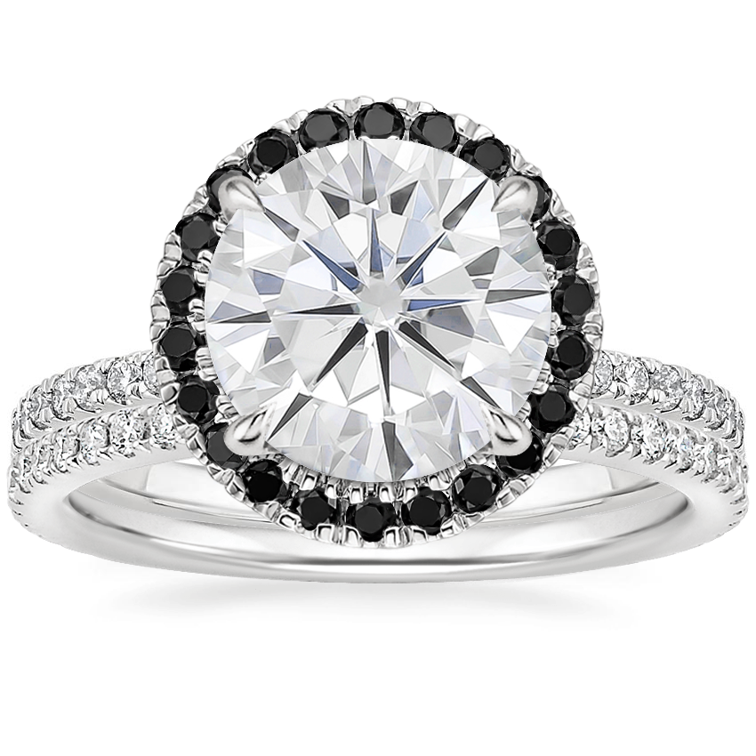 18KW Moissanite Waverly Diamond Ring with Black Diamond Accents with Luxe Ballad Diamond Ring, top view