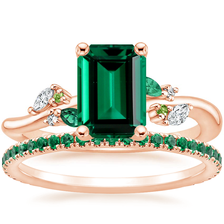 14K Rose Gold Arden Diamond Ring with Lab Emerald Accents with Luxe Ballad Emerald Ring