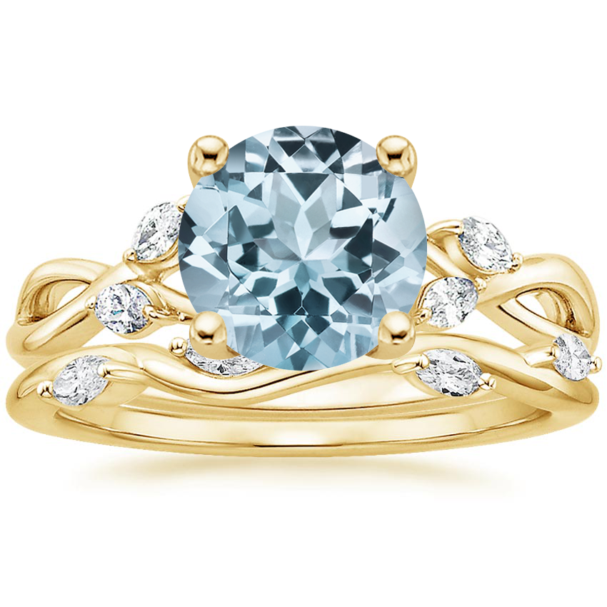18KY Aquamarine Willow Diamond Ring (1/8 ct. tw.) with Winding Willow Diamond Ring (1/8 ct. tw.), top view