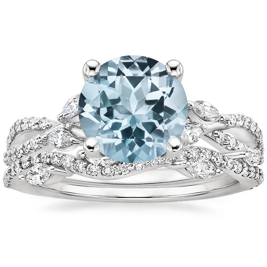 18KW Aquamarine Luxe Willow Diamond Ring (1/4 ct. tw.) with Luxe Winding Willow Diamond Ring (1/4 ct. tw.), top view
