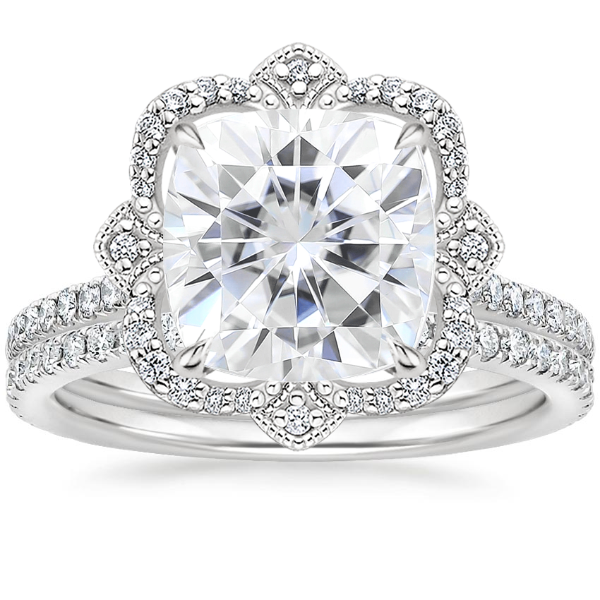 18KW Moissanite Reina Diamond Ring with Luxe Ballad Diamond Ring (1/4 ct. tw.), top view