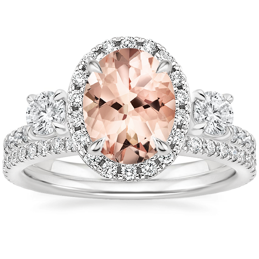 18K White Gold Morganite Three Stone Waverly Diamond Ring with Luxe Ballad Diamond Ring
