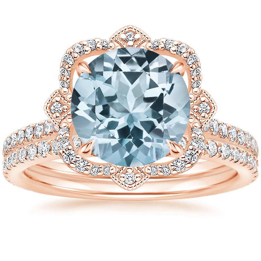 14KR Aquamarine Reina Diamond Ring with Luxe Ballad Diamond Ring (1/4 ct. tw.), top view