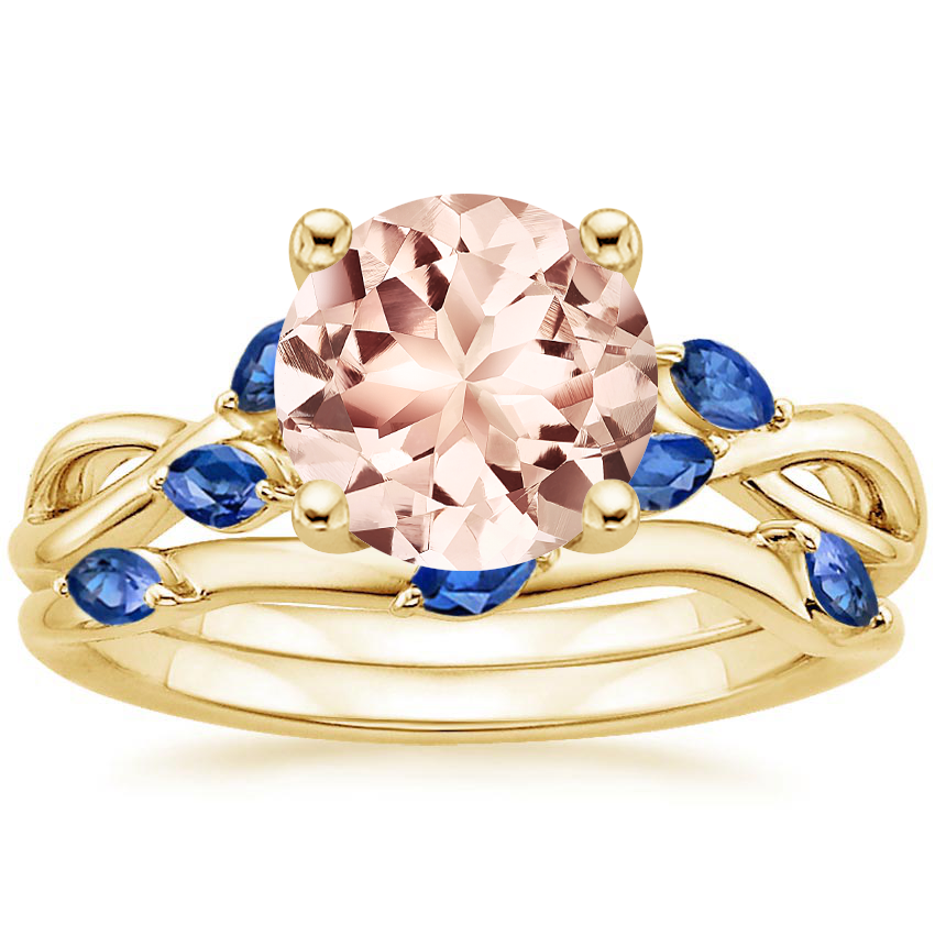 18KY Morganite Willow Bridal Set With Sapphire Accents, top view