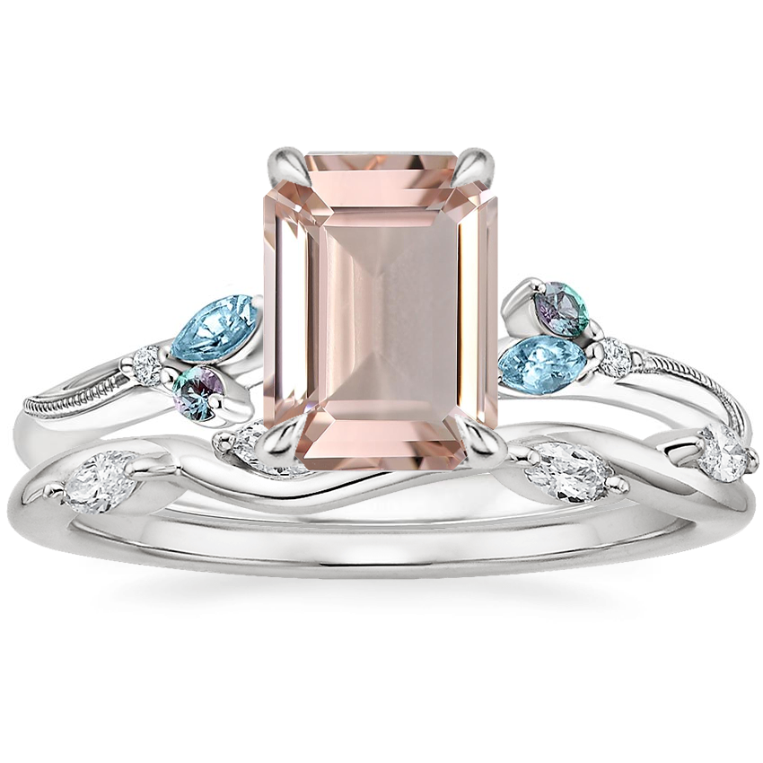 Platinum Camellia Indigo Milgrain Ring with Winding Willow Diamond Ring