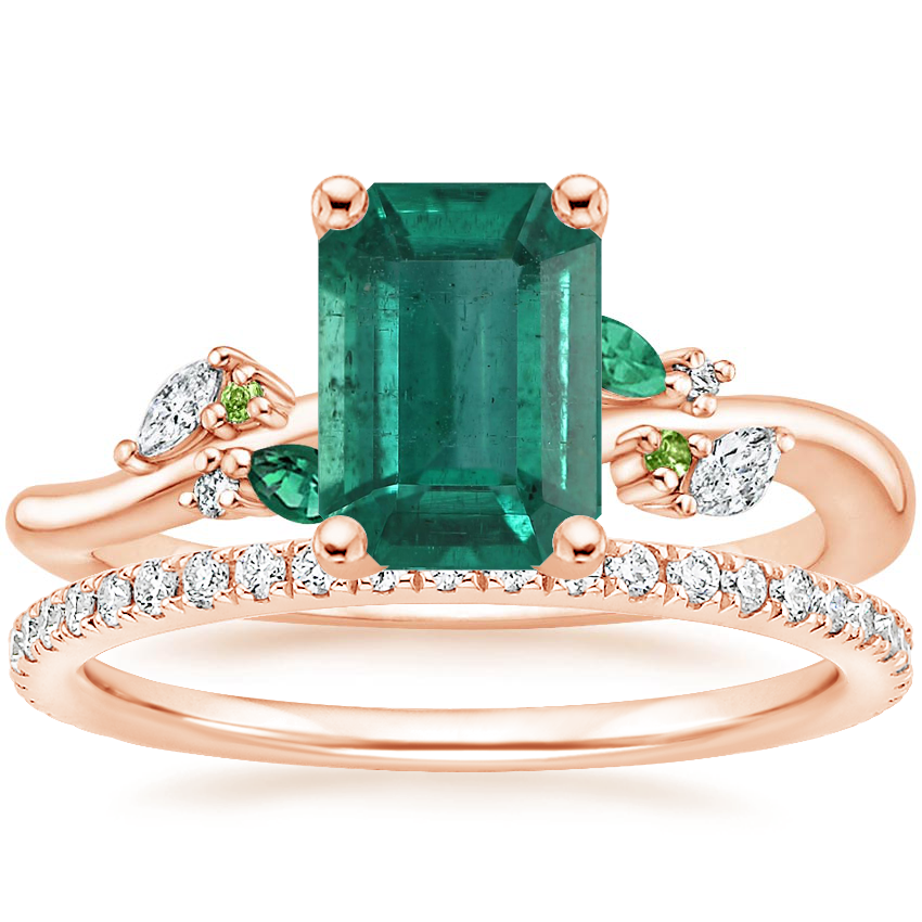 14K Rose Gold Arden Diamond Ring with Lab Emerald Accents with Luxe Ballad Diamond Ring (1/4 ct. tw.)