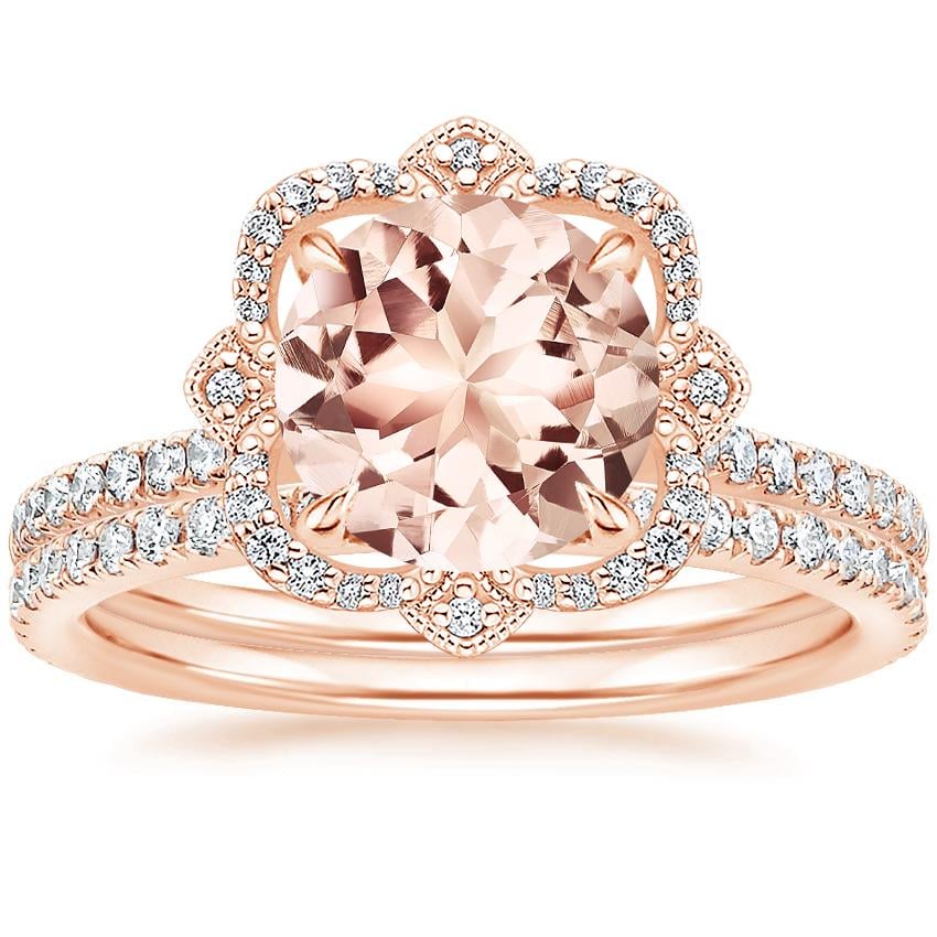 14KR Morganite Reina Diamond Ring with Luxe Ballad Diamond Ring (1/4 ct. tw.), top view