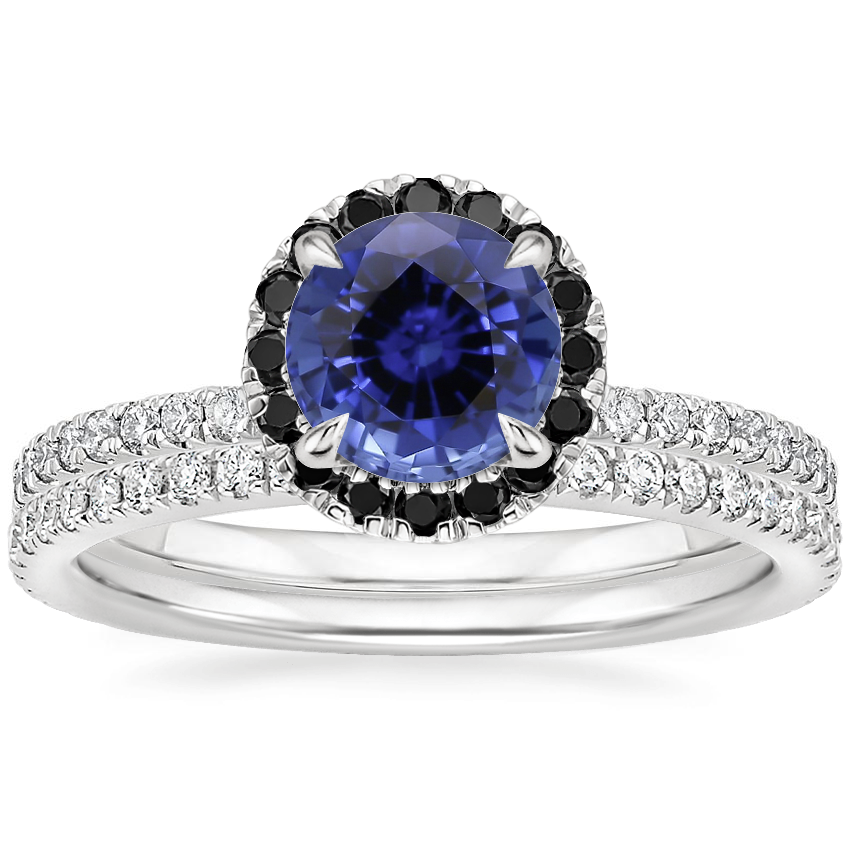 18KW Sapphire Waverly Diamond Ring with Black Diamond Accents with Luxe Ballad Diamond Ring, top view
