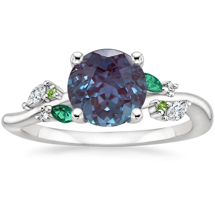 18K White Gold Arden Diamond Ring with Lab Emerald Accents, large top view