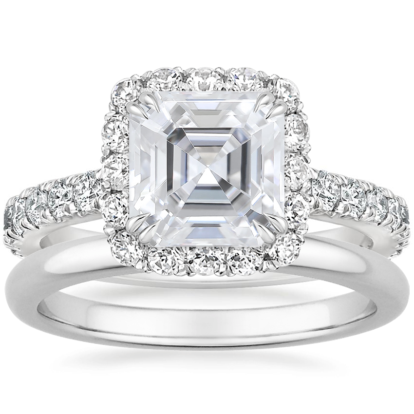 18K White Gold Luxe Sienna Halo Diamond Ring (3/4 ct. tw.) with 2mm Comfort Fit Wedding Ring