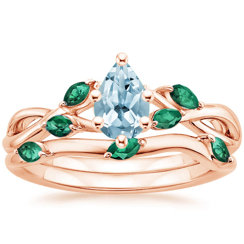 14KR Aquamarine Willow Bridal Set With Lab Emerald Accents, top view