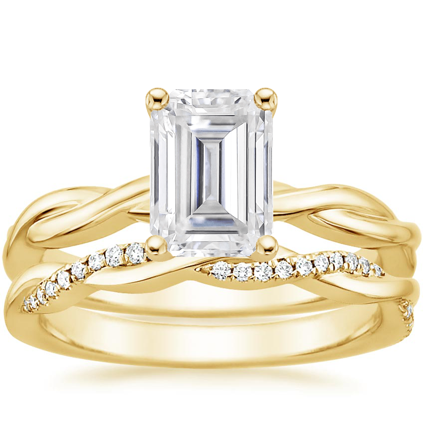 18KY Moissanite Twisted Vine Ring with Petite Twisted Vine Diamond Ring (1/8 ct. tw.), top view